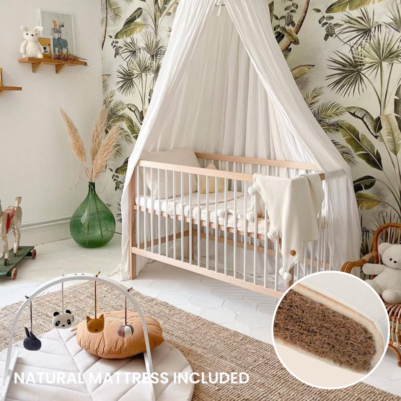 Mini Cot Bed with Natural Mattress, White Beech
