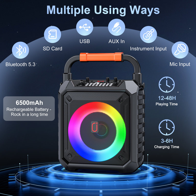 Haut-parleur de karaoké avec 2 micros sans fil pour karaoké et supporte les lumières à DEL Fm / USB / Aux / Rec / Tf pour enfants et adultes