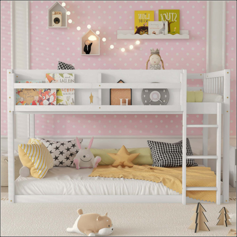 Lit superposé, lit superposé au sol avec échelle, lit superposé en bois massif pour enfants et jeunes, Blanc
