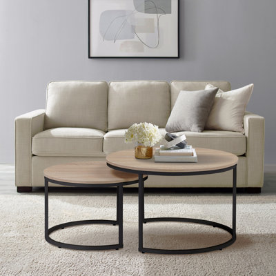 Ensemble de 2 tables gigognes rondes 31,5 po, table d'appoint, finition bois de chêne naturel, peu encombrant, style industriel moderne