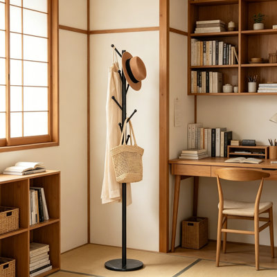 Floor-Standing Metal Coat Rack With A Natural Marble Base And 8 Strong Hooks; Practical For Storing Coats, Bags, And Hats In The Entryway.