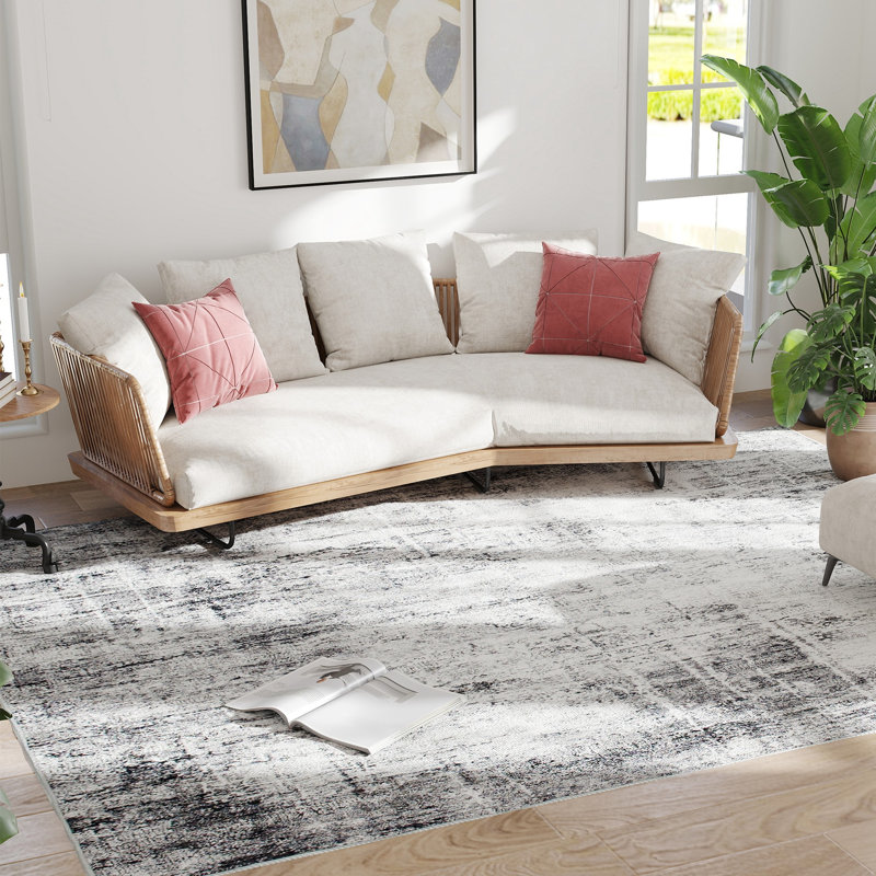 Tapis lavable moderne abstrait pour salon, gris, Rectangle 9 pi x 12 pi