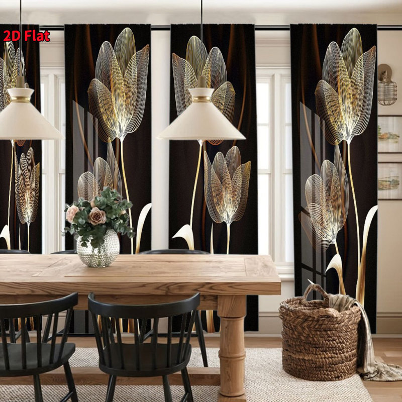 4 pièces rideaux occultants à motif floral doré, installation de poteaux de poche, rideaux d'impression numérique pour salon, chambre à coucher, salle à manger, décoration intérieure, protection de la vie privée, réduction du bruit, isolation thermique