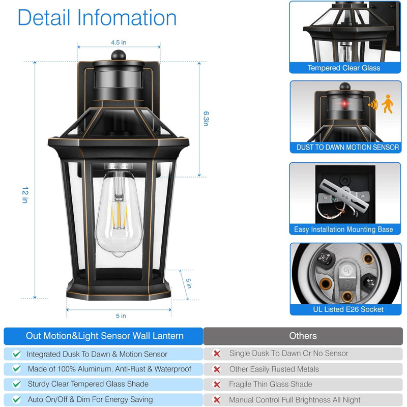 Motion Sensor Exterior Light Fixture, 2 Pack Dusk To Dawn Outdoor Light Wall Mount, Anti-Rust Aluminum Outside House Lights,Farmhouse Coach Lantern For Porch, Entryway, Garage, Front Door