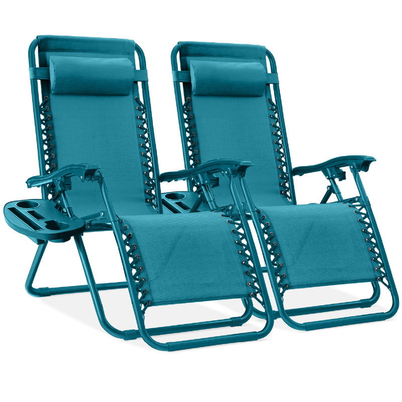  Set Of 2 Zero Gravity Lounge Chair Recliners For Patio, Pool W/ Cup Holder Tray - Peacock, Peacock, Peacock