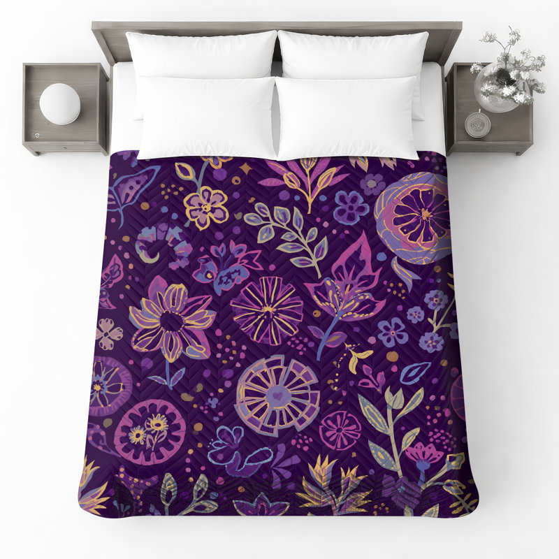 Purple Botanical Floral Quilted Bedspread All Sizes, Twin