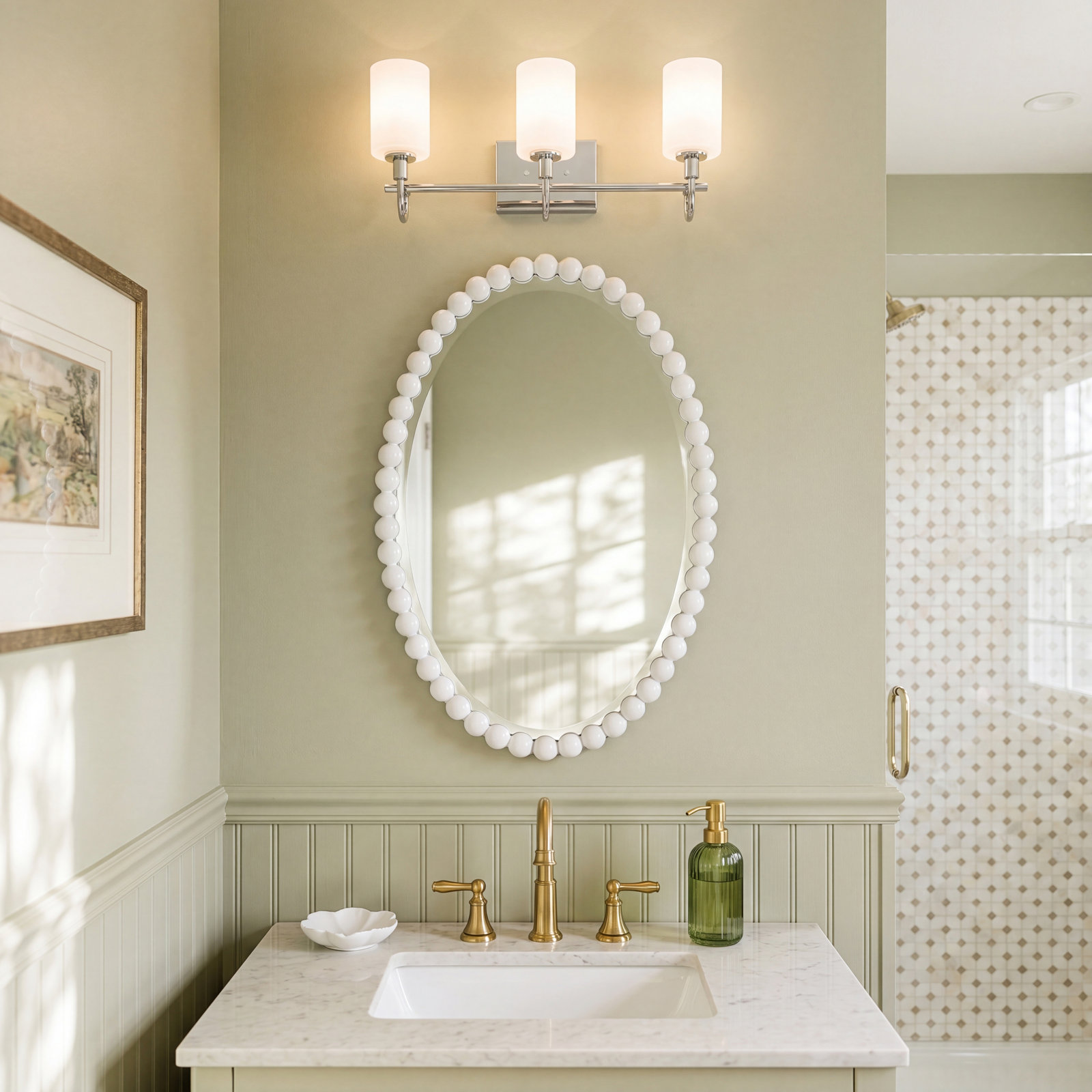 Rowley 3 Light Frosted Dimmable Vanity Light, Satin Brass