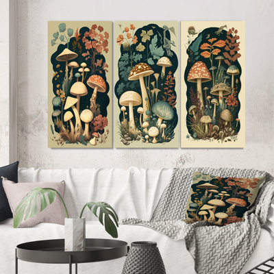 Vintage Mushrooms Wall Art, 3-Piece Canvas Set - Vintage Mushrooms Amanita Muscaria