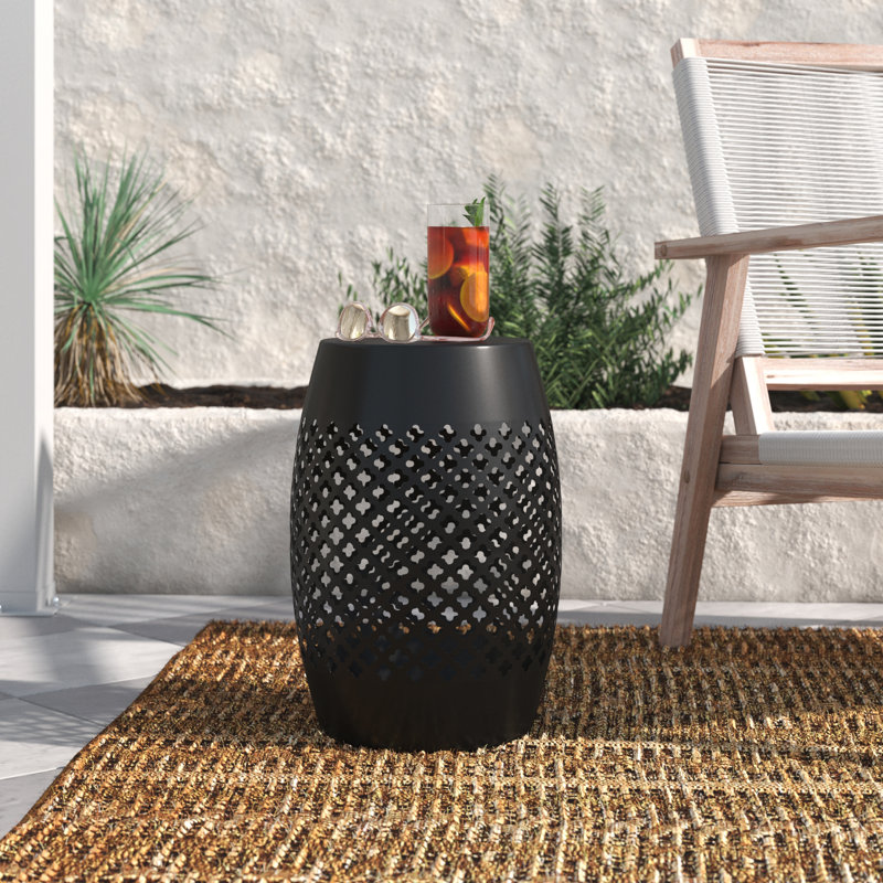 Evatt 12.5" Steel Patio End Table, Round Hollow Drum Side Table, Accent Table for Indoor and Outdoor, Black