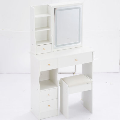 Petite coiffeuse 29,2 po avec tabouret de bureau + tabouret rembourré, 2 blocs d'alimentation AC + 2 USB, support pour séchoir à cheveux, très grand miroir à DEL coulissant à contrôle tactile, changement de 3 couleurs, certificat EPA, GCC, UL