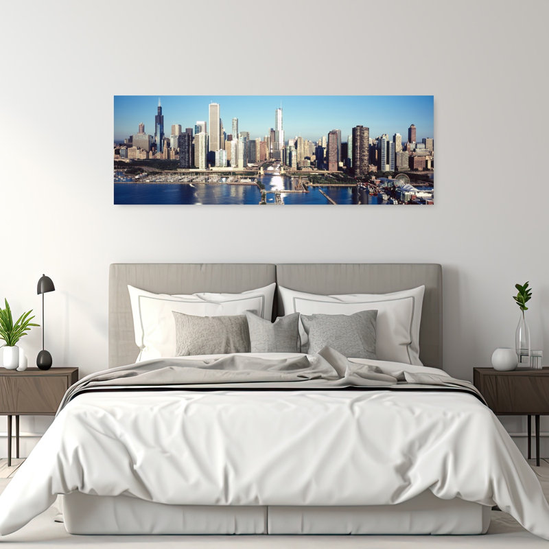 Skyscrapers in a city Navy Pier Chicago Harbor Chicago Cook County Illinois USA 1 Piece Wrapped Canvas Panoramic Wall Art