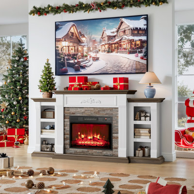 72" Farmhouse Electric Fireplace With Mantel, Fireplace Tv Stand For Tvs Up To 80 Inch, Entertainment Center With Storage, Realistic Stacked Stone Surround For Living Room