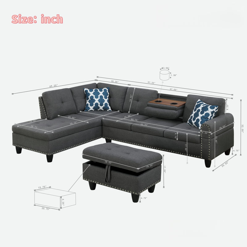 Canapé modulaire en L en similicuir avec garniture cloutée, porte-gobelets et repose-pieds avec rangement