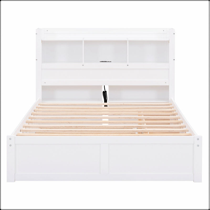 Lit plateforme avec rangement et tablettes coulissantes, gigogne et 2 tiroirs, Blanc, Bois manufacturé, bois massif