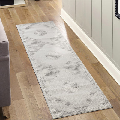 + Grey Medallion Runner Rug, 2 Ft. 7 In. X 9 10 In., Machine - Made , Classic Mid Century Modern Style, Soft, , Stain , High Traffic Area Use +Grey Rug With Pattern, Machine-Made Vintage Transitional