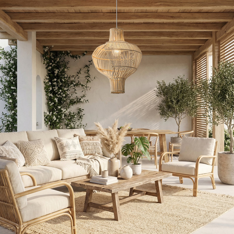 16" Boho Handwoven Rattan Dimmable Pendant Light For Coastal Interiors