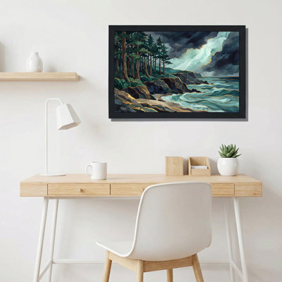 Toile sarcelle, vagues de l'océan et forêt de pins avec décorations en feuille d'or