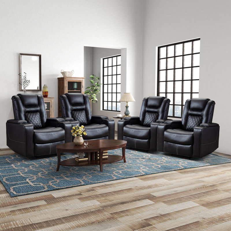 36.22" W Luxury Individual Seat Top Faux Leather Home Theater Seat Recliners Quadruple Seat with USB & Dual Cup holders & Arm Storage (Set of 4)