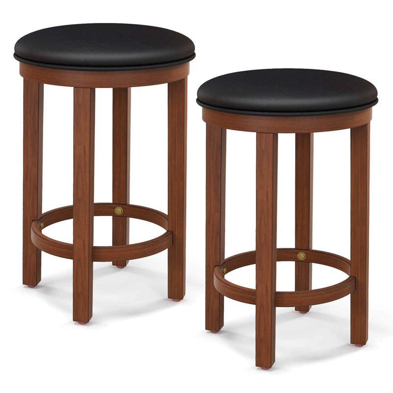 Winston Porter Bar Stools Set Of 2 Counter Height Stools With Round Seat & Footrest For Kitchen, Walnut, Black