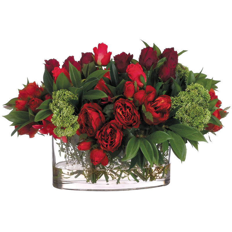 Red and Green Faux Silk Rose and Dahlia Centerpiece in Glass Vase