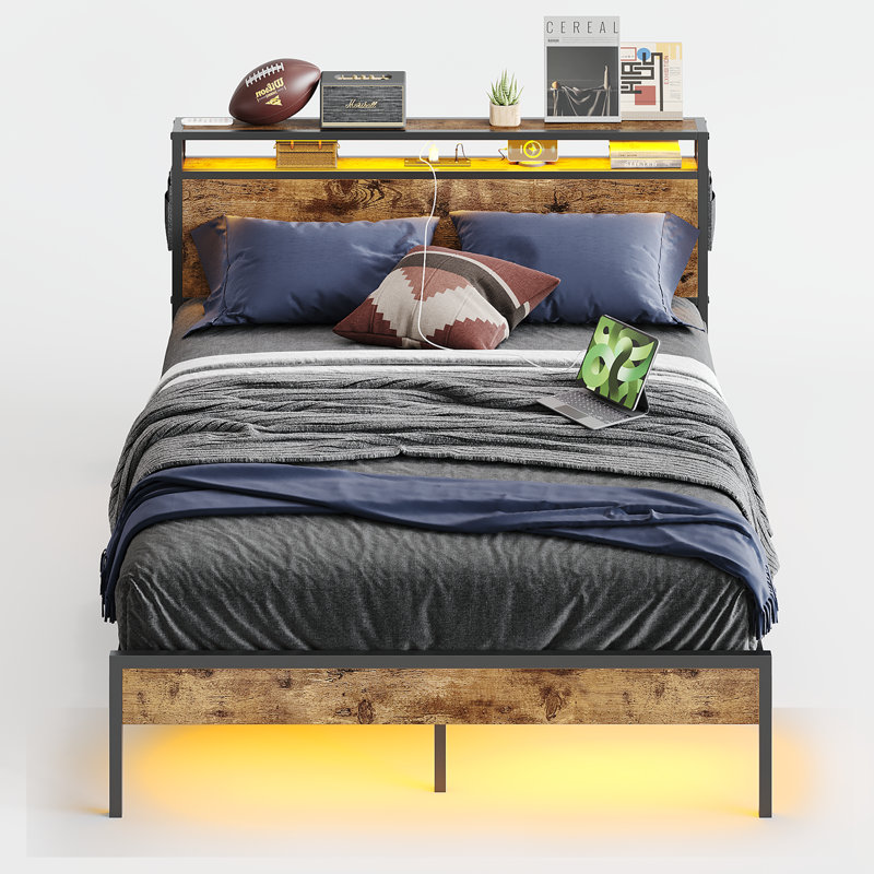 Queen Metal Bed Frame with Rustic Wood Storage Headboard and LED Lights