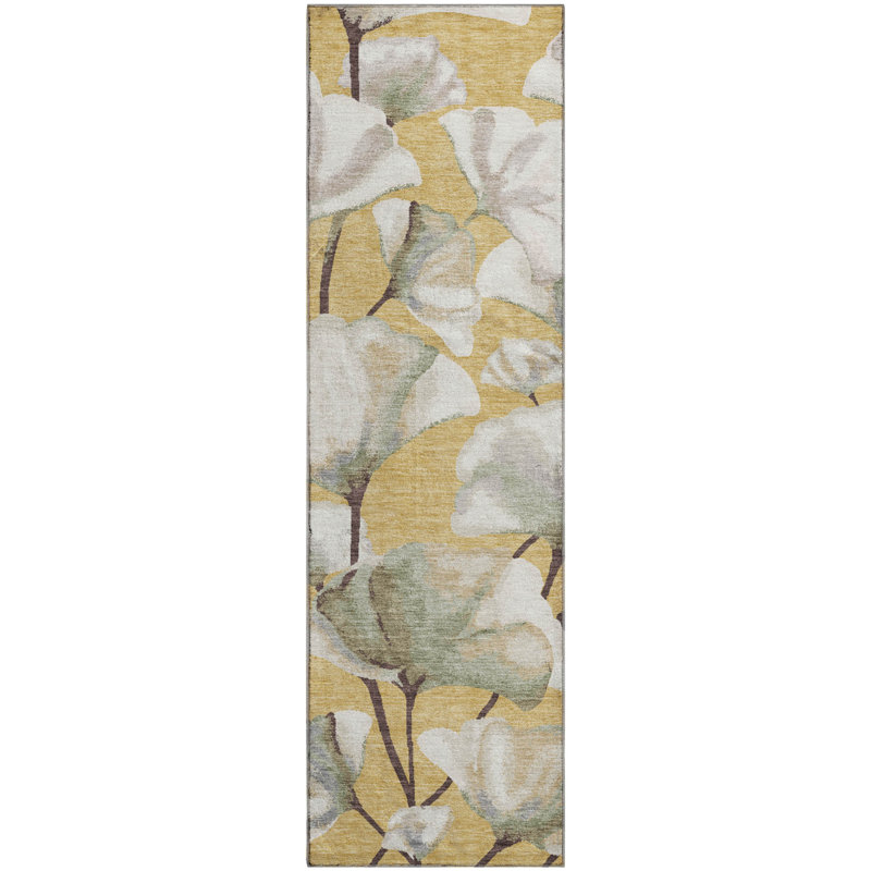 Tapis floral lavable à la machine de qualité supérieure Mayfield AMF2405, Doré, Tapis de couloir 2 pi 3 po x 7 pi 6 po