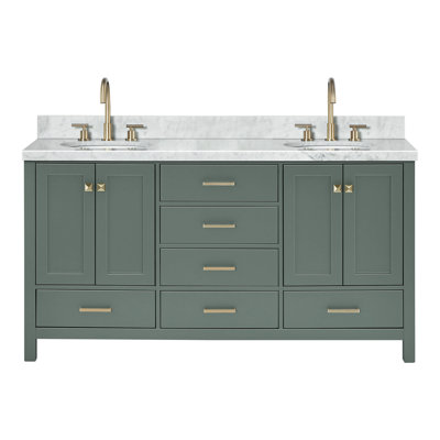 Cambridge 67'' Solid Wood Double Bathroom Vanity in Vintage Green, with 1.5'' Carrara Marble Top, Center, Oval Sink