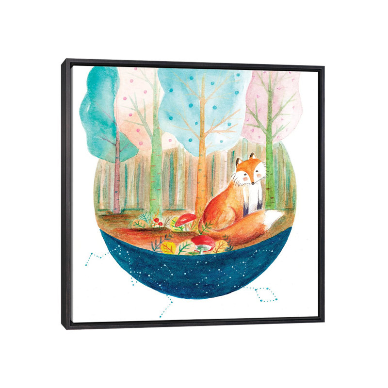 Renard et baleine I - impression, Pas de tapis, Toile avec cadre noir patiné, H 26 po x l 26 po x P 1,5 po