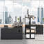 Bureau debout électrique en L 55 po, bureau de coin debout à hauteur ajustable avec prises de courant, tiroirs de rangement et porte coulissante pour bureau à domicile-538122404-552394451