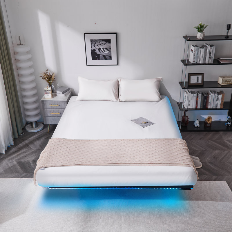 14 In. Floating Bed Frame With Usb Charging Station/Led Light, Queen
