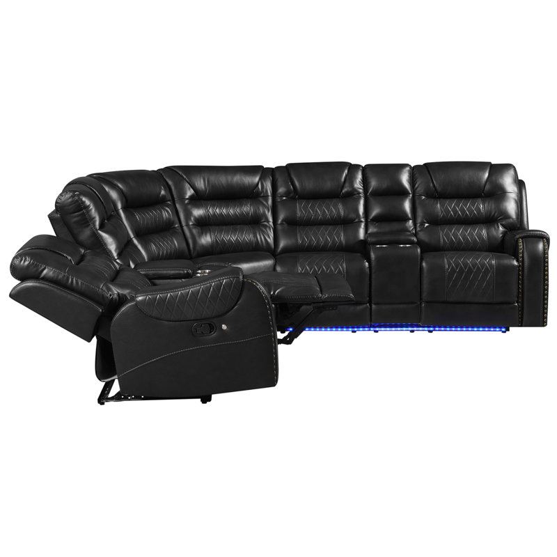 113.5" Manual Reclining Sectional Sofa Set L Shaped Symmetrical Motion Sofa Corner Couch Sets With Storage Boxes, 4 Cup Holders And LED Light Strip