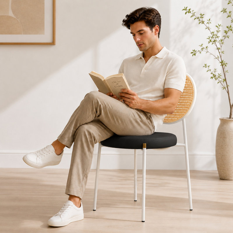 Charlotta Modern Cane Rattan Dining Chair, Boho Wicker Side Chair with PU Leather Round Cushion Seat, Mid-Century Accent Seating with White Metal Legs