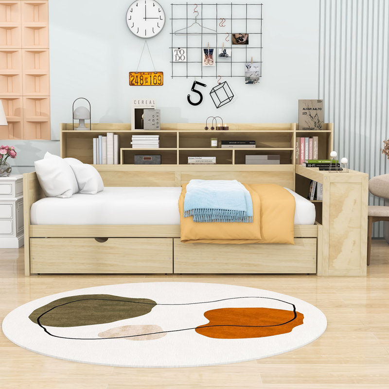 Wood Daybed with Storage Shelves,2 Storage Drawers and Study Desk, Natural, Full