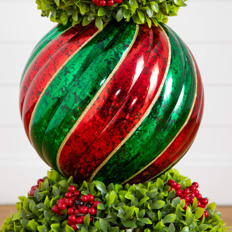 3Ft. Pre-Lit Artificial Christmas Ornament Boxwood Topiary Tree With 70 Warm White LED Lights