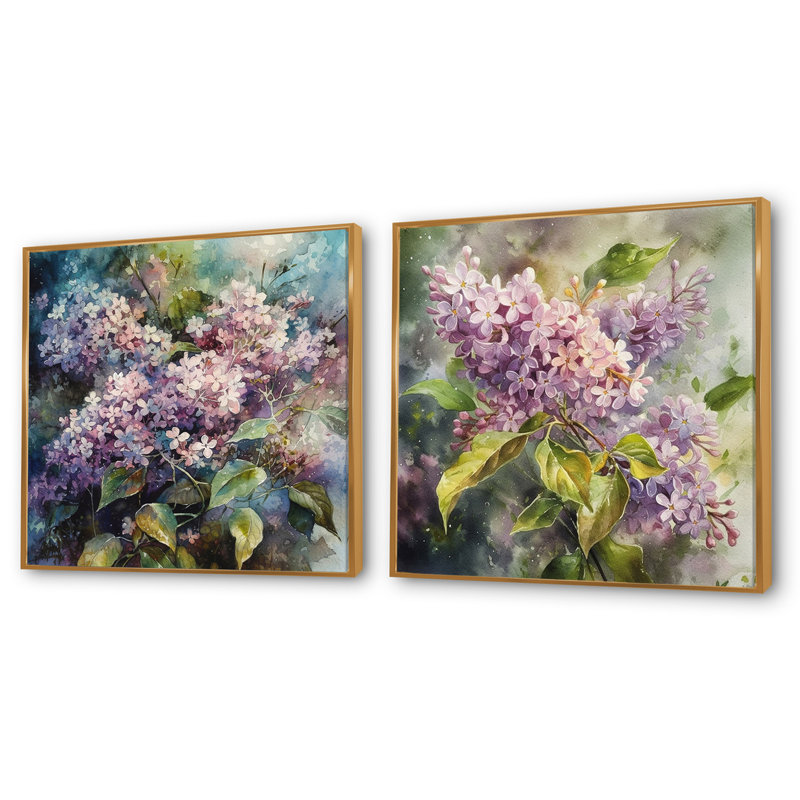 Mauve, vert, beaux lilas - lilas floraux, ensemble de 2 carrés, Cadre flottant doré, H 36 po x l 73 po