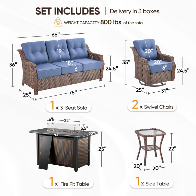 Circlarmino 5-Piece Outdoor Wicker Patio Conversation Set With Rectangle Metal Fire Pit, Swivel Gliders And Side Table For Patio