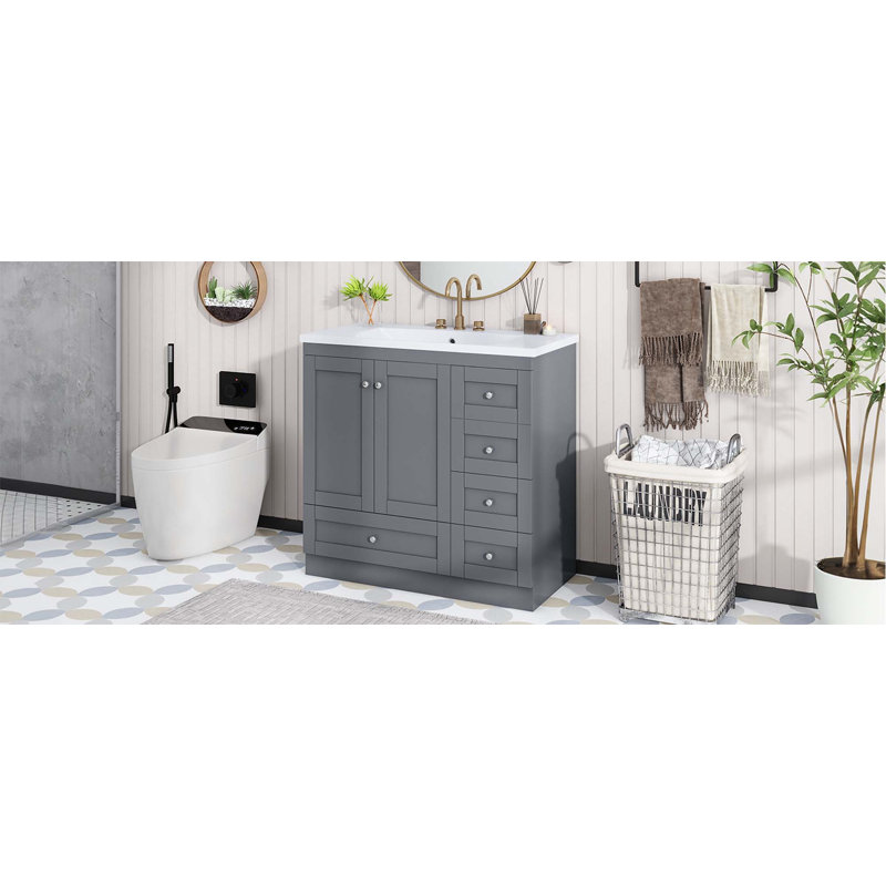 Meuble-lavabo autoportant de style Shaker avec lavabo, 4 tiroirs à fermeture en douceur et 2 portes à fermeture en douceur