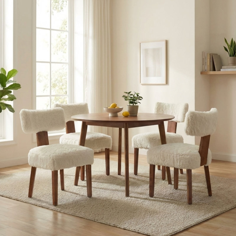 Upholstered Dining Chairs Set Of 4,Wood Kitchen Chairs with Plush Faux Fur,Modern Beige , 4, Beige Faux Fur