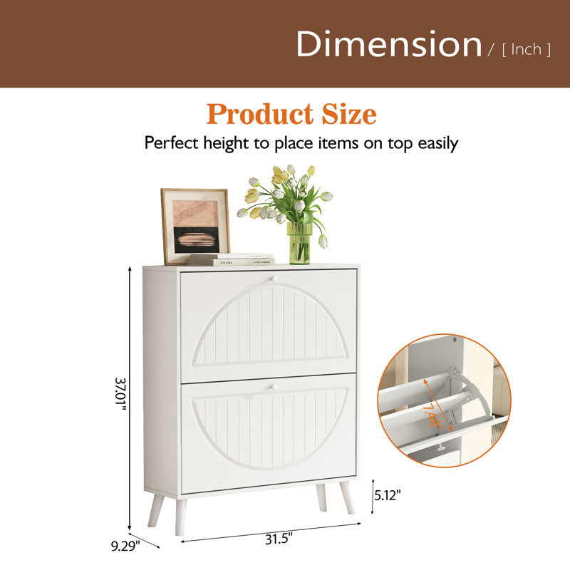 Space-Saving Tipping Bucket Storage Cabinet, Narrow Design With Carved Details, Solid Wood Legs, Anti-Tip Kit Included, For Small Spaces