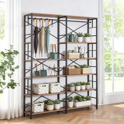 Bibliothèque industrielle double à 7 niveaux, bibliothèque de 84 pouces de hauteur avec tablettes ouvertes, rangement robuste pour le salon, le bureau personnel, brun rustique