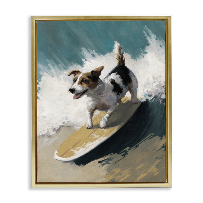 «Surfer Dog Catching Wave», art mural sur toile flottante par Svetlana Aleynikova, H 31 po x l 25 po