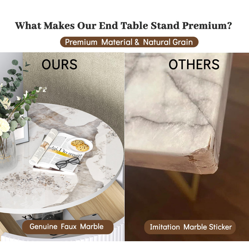 Midwest 21.85" H 2-Drawer End Table, White Marble/Gold
