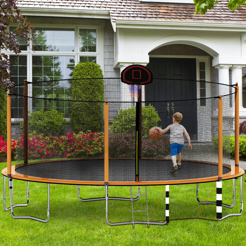 Trampoline thermolaqué de 14 pi avec panier de basketball, gonfleur et échelle de conception avancée pour la sécurité et le plaisir