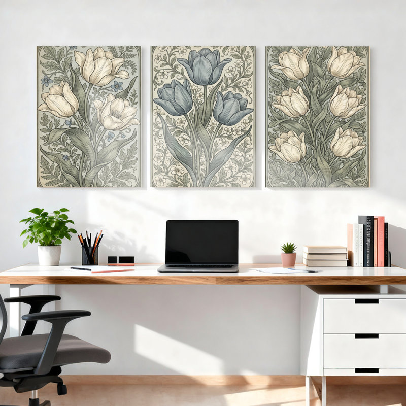 Ensemble de 3 tableaux muraux vintage sur toile à motif floral de tulipes, H 36 po x l 72 po