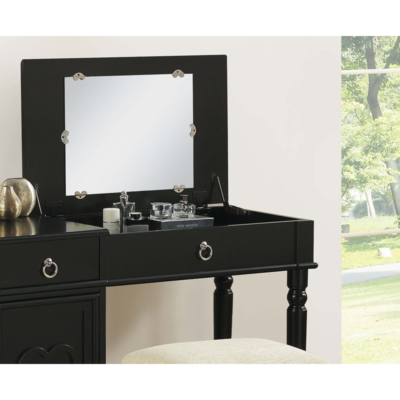 Ensemble de meuble-lavabo de chambre à coucher avec tabouret à tiroirs ouverts et tiroirs en bois d'hévéa, Noir