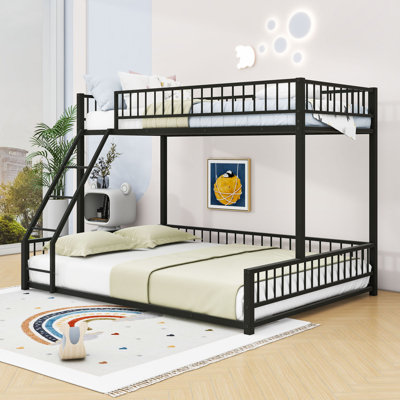 Heavy Duty Metal Bunk Bed Frame With Safety Guardrails And Ladder