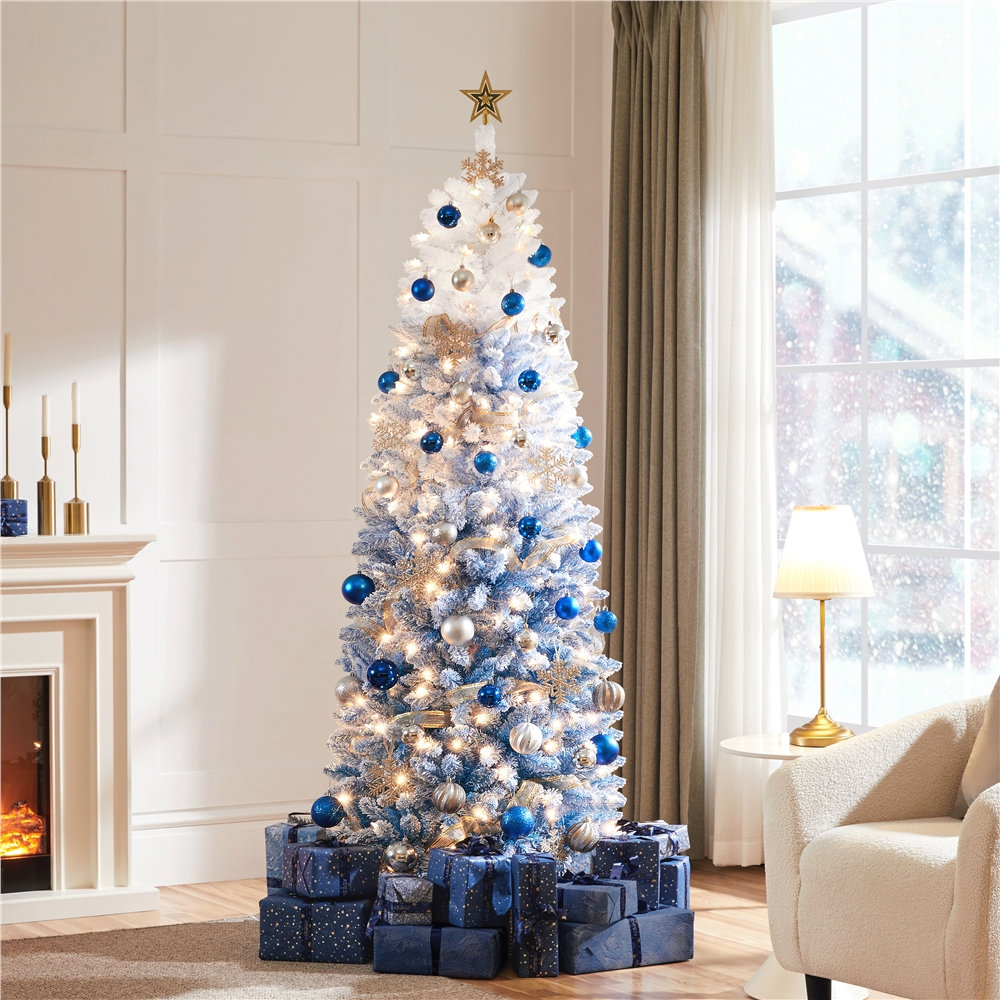 Pre-lit Flocked Pencil Artificial Christmas Tree with Incandescent Warm White Lights The Holiday Aisle® 