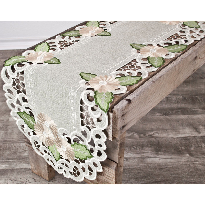 Georgiana Gold Daisy Fleur Latte Green Table Runner, 45" x 16"