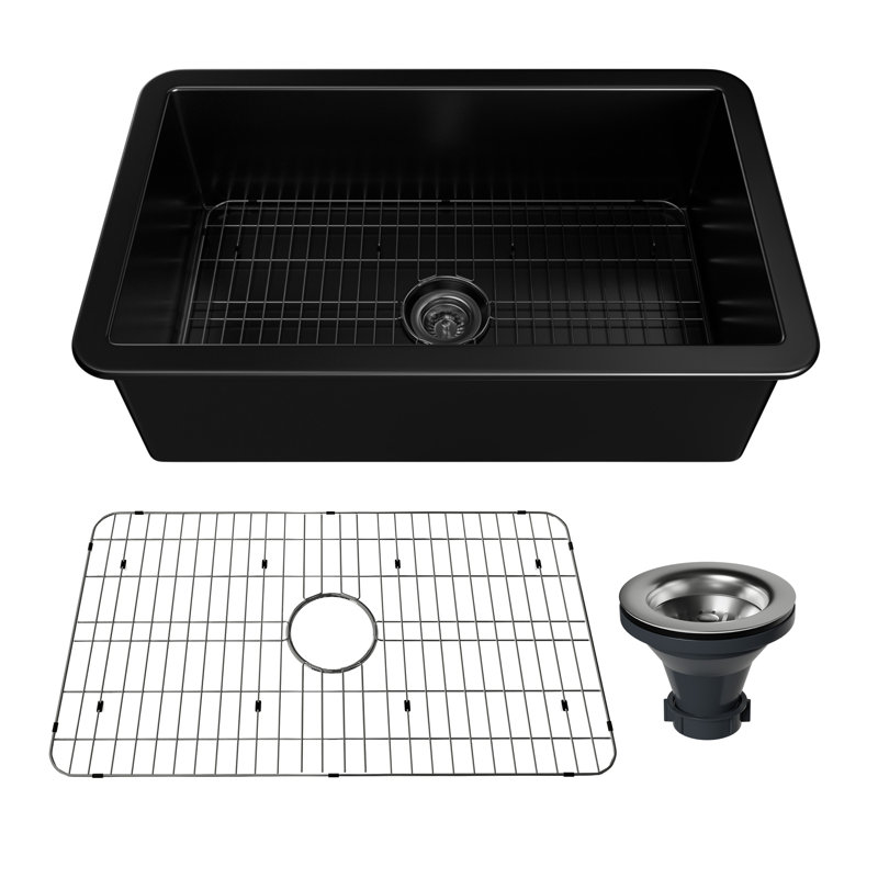 Pure 32" L x 19" W Single Bowl Fireclay Undermount Kitchen Sink with Sink Grid, Black