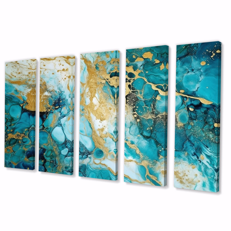 Turquoise luxueux, art abstrait fluide VI - reproduction sur toile abstraite - 5 panneaux égaux